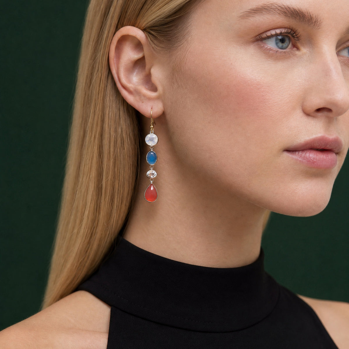 Aegean Nights Multi Gemstone Drop Earrings close-up on model, profile – Golden Horn Jewellery