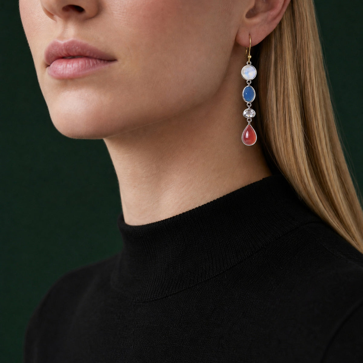 Aegean Nights Multi Gemstone Drop Earrings close-up on model, front – Golden Horn Jewellery