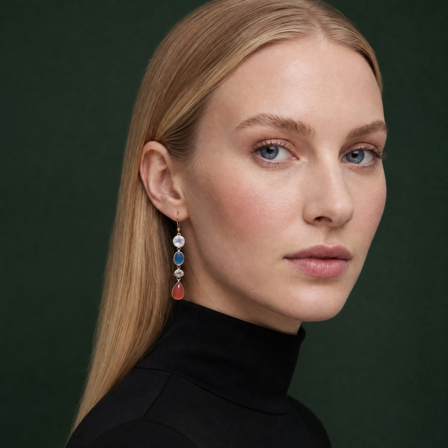 Aegean Nights Multi Gemstone Drop Earrings worn on model – Golden Horn Jewellery