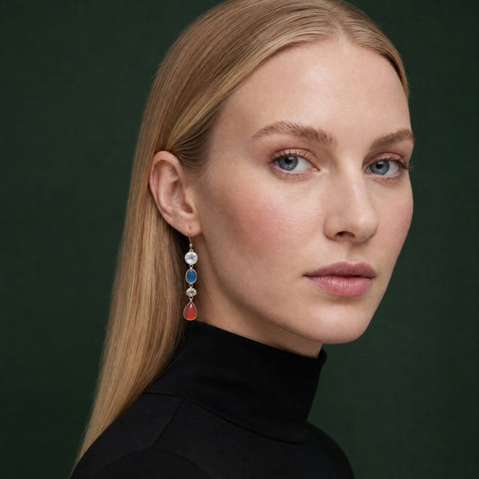 Aegean Nights Multi Gemstone Drop Earrings worn on model – Golden Horn Jewellery