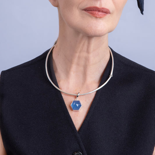 Blue Chalcedony Dome Silver Charm Clip-On Pendant-Golden Horn Jewellery