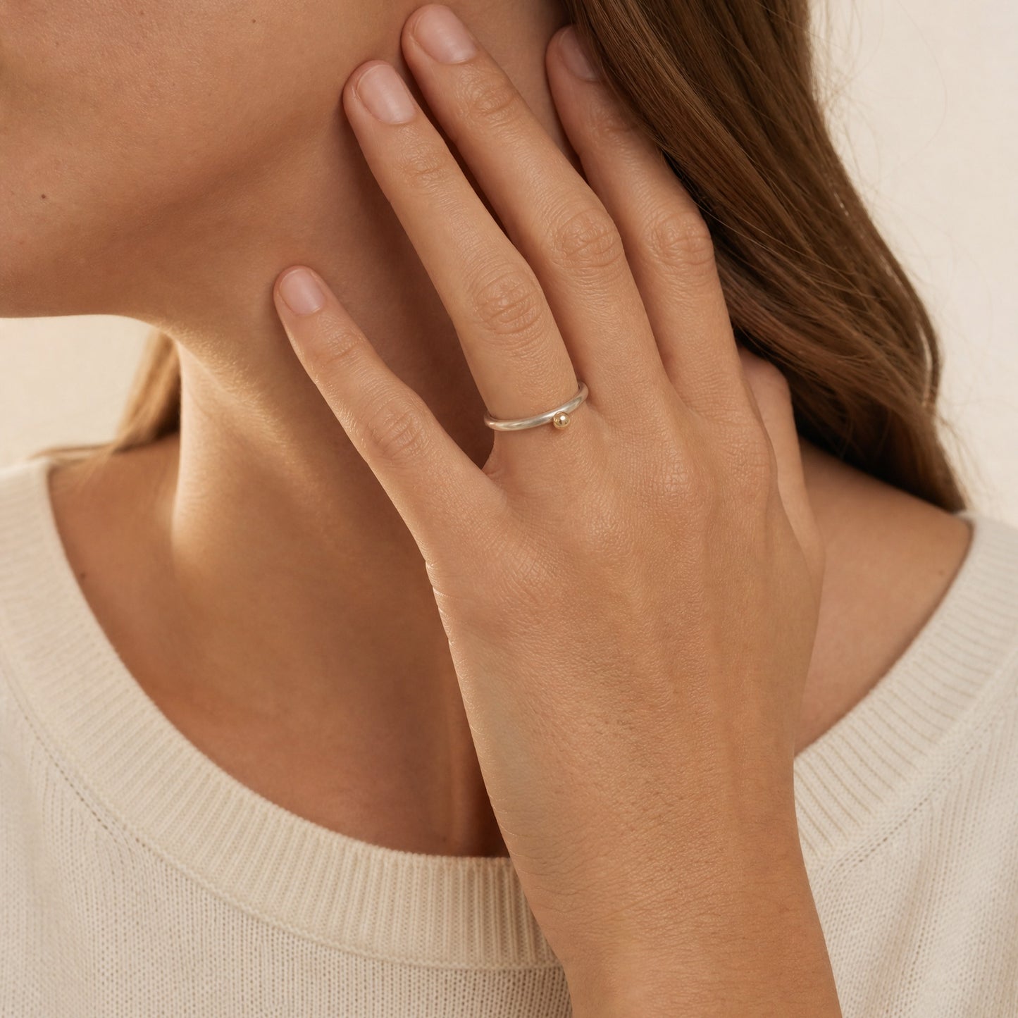 Golden Bubble Dot Circle Stacking Silver Ring close-up on hand – Golden Horn Jewellery