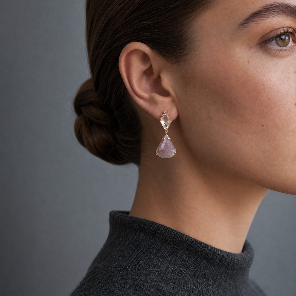 Helen Angel Trillion Cut Raw Sapphire Earrings close-up on model, profile – Golden Horn Jewellery