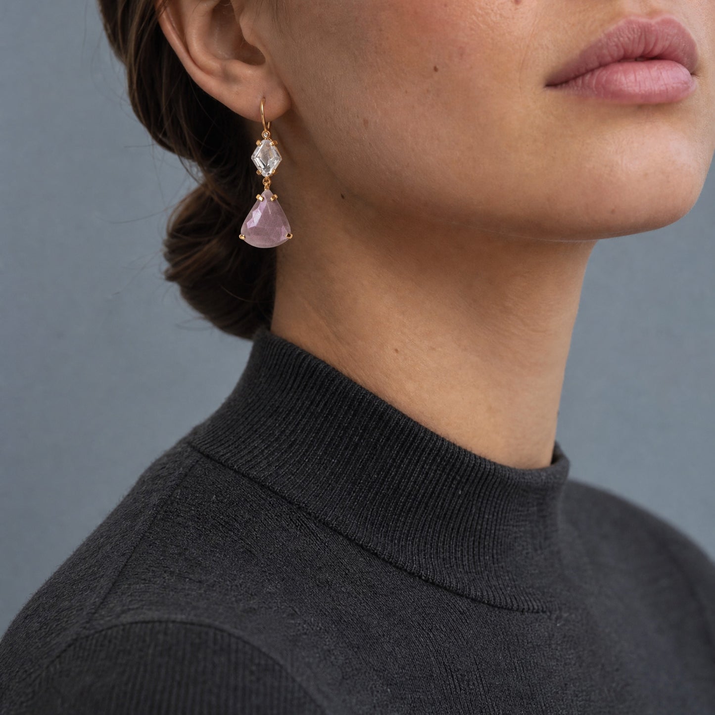 Helen Angel Trillion Cut Raw Sapphire Earrings close-up on model, front – Golden Horn Jewellery