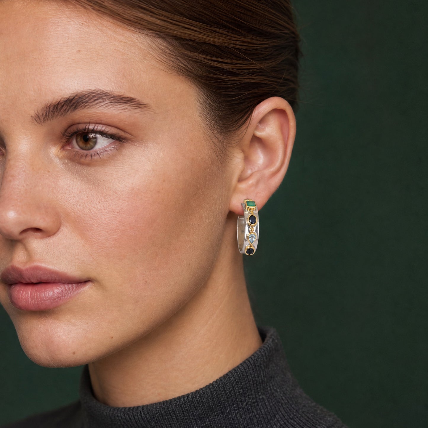 Helen Multistone Silver Hoop Earrings close-up on model, profile – Golden Horn Jewellery