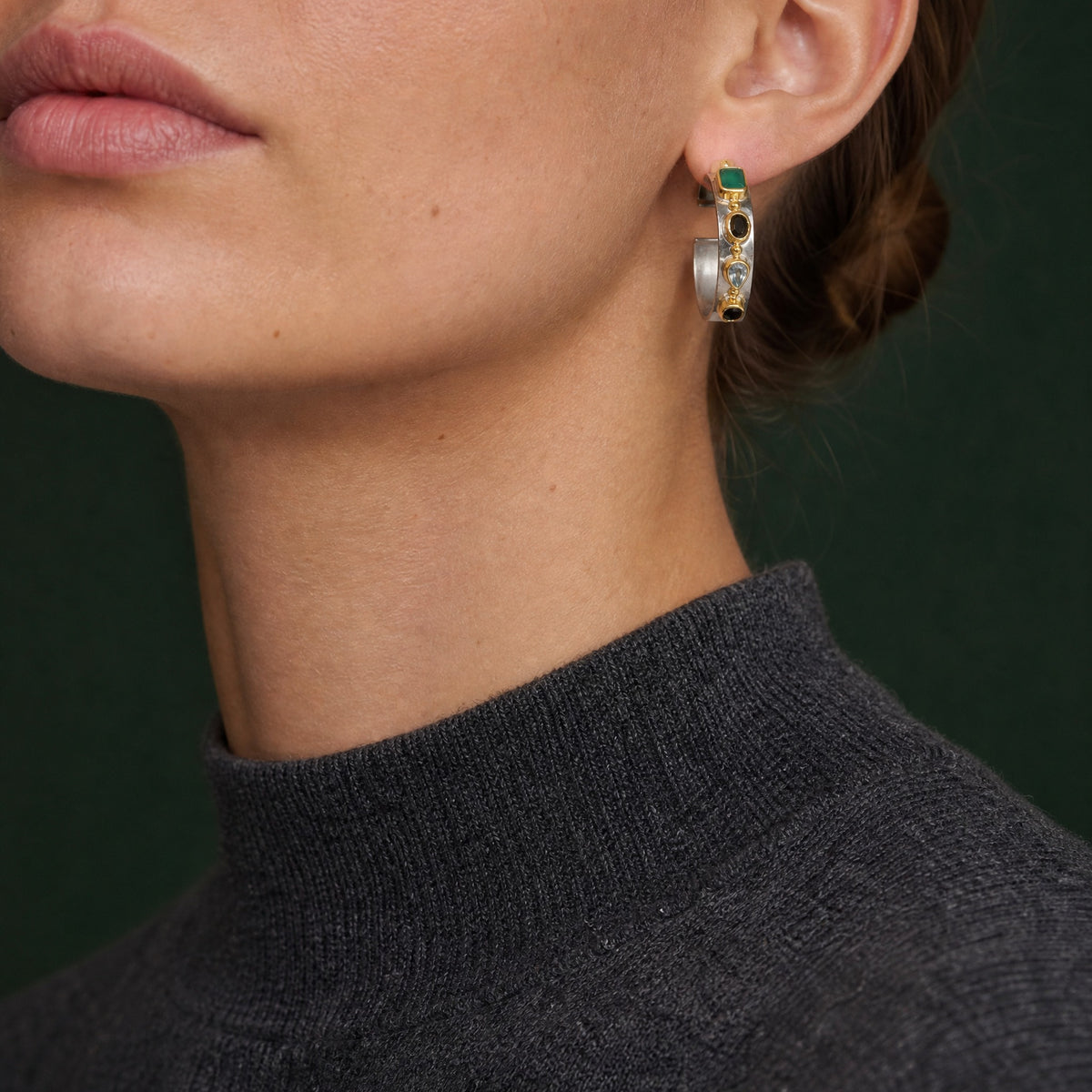Helen Multistone Silver Hoop Earrings close-up on model, front – Golden Horn Jewellery