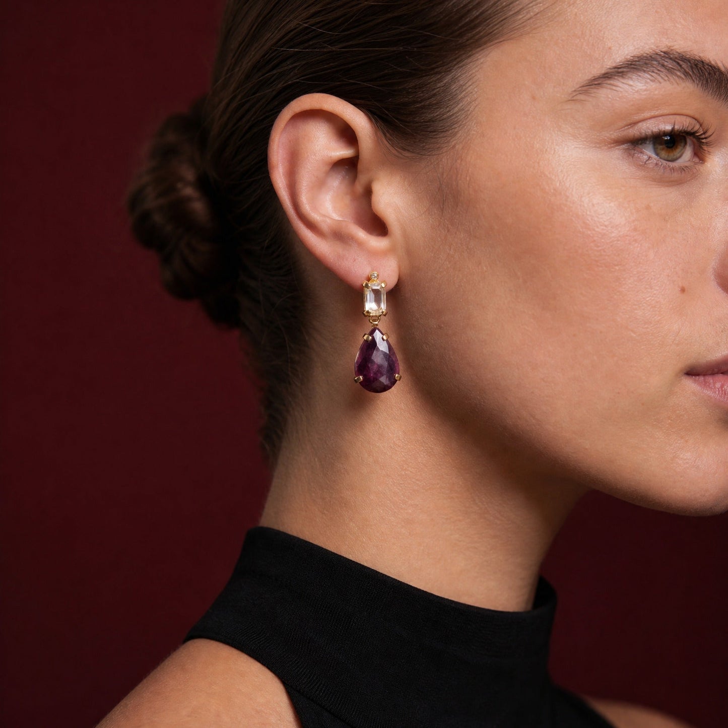 Helen Pink Pear Gemstone Earrings close-up on model, profile – Golden Horn Jewellery