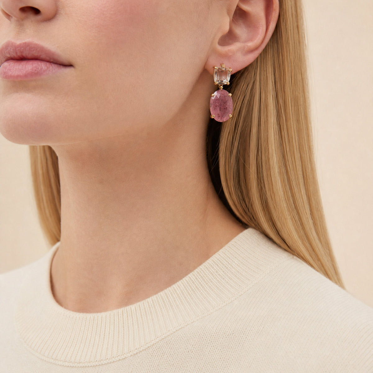Helen Rose Bud Gemstone Earrings close-up on model, front – Golden Horn Jewellery