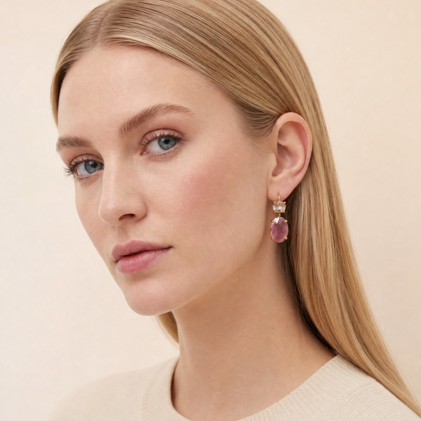Helen Rose Bud Gemstone Earrings worn on model – Golden Horn Jewellery