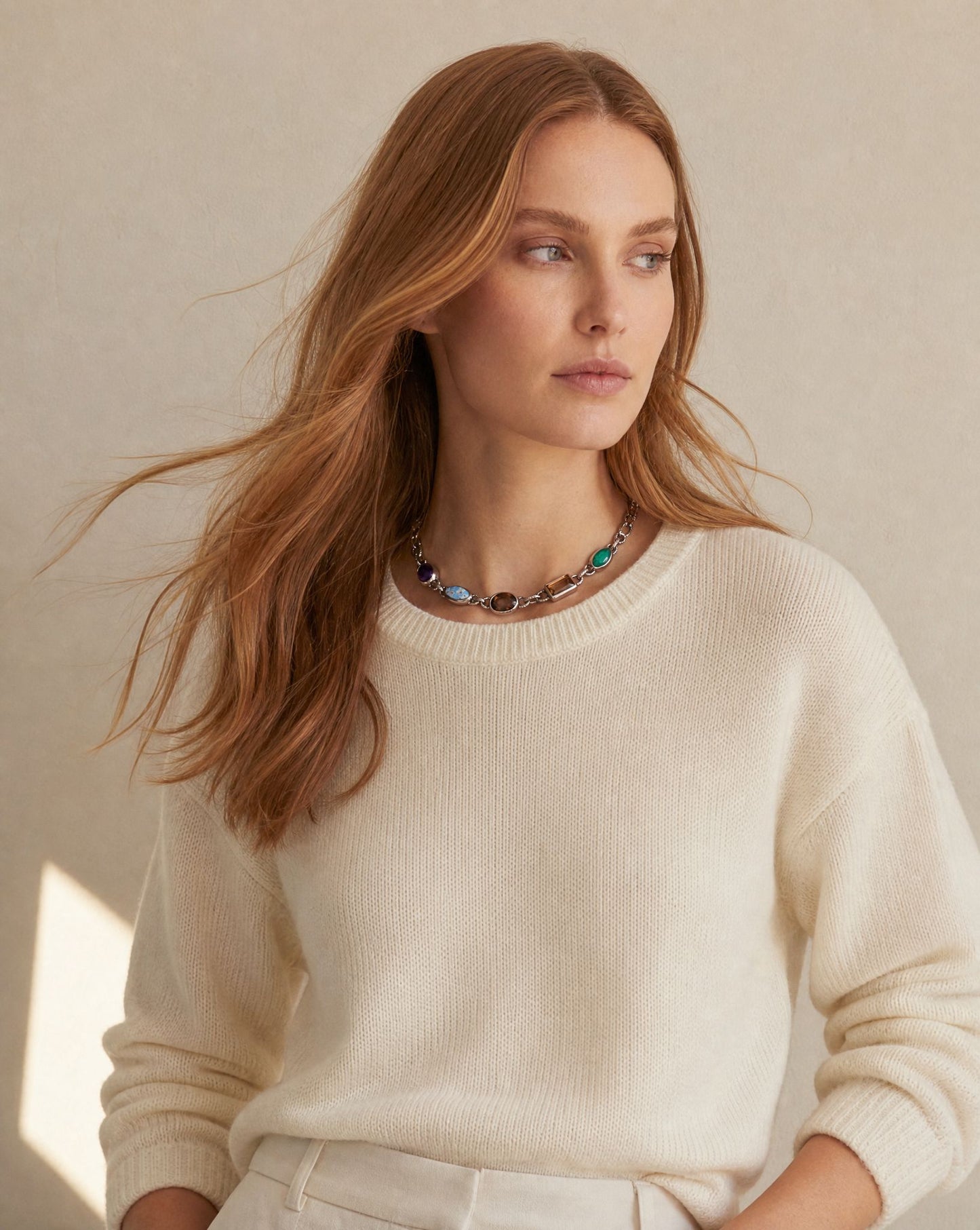 Jupiter Eye Multi Gemstone Choker Necklace on model with cream knit – handmade jewellery by Golden Horn