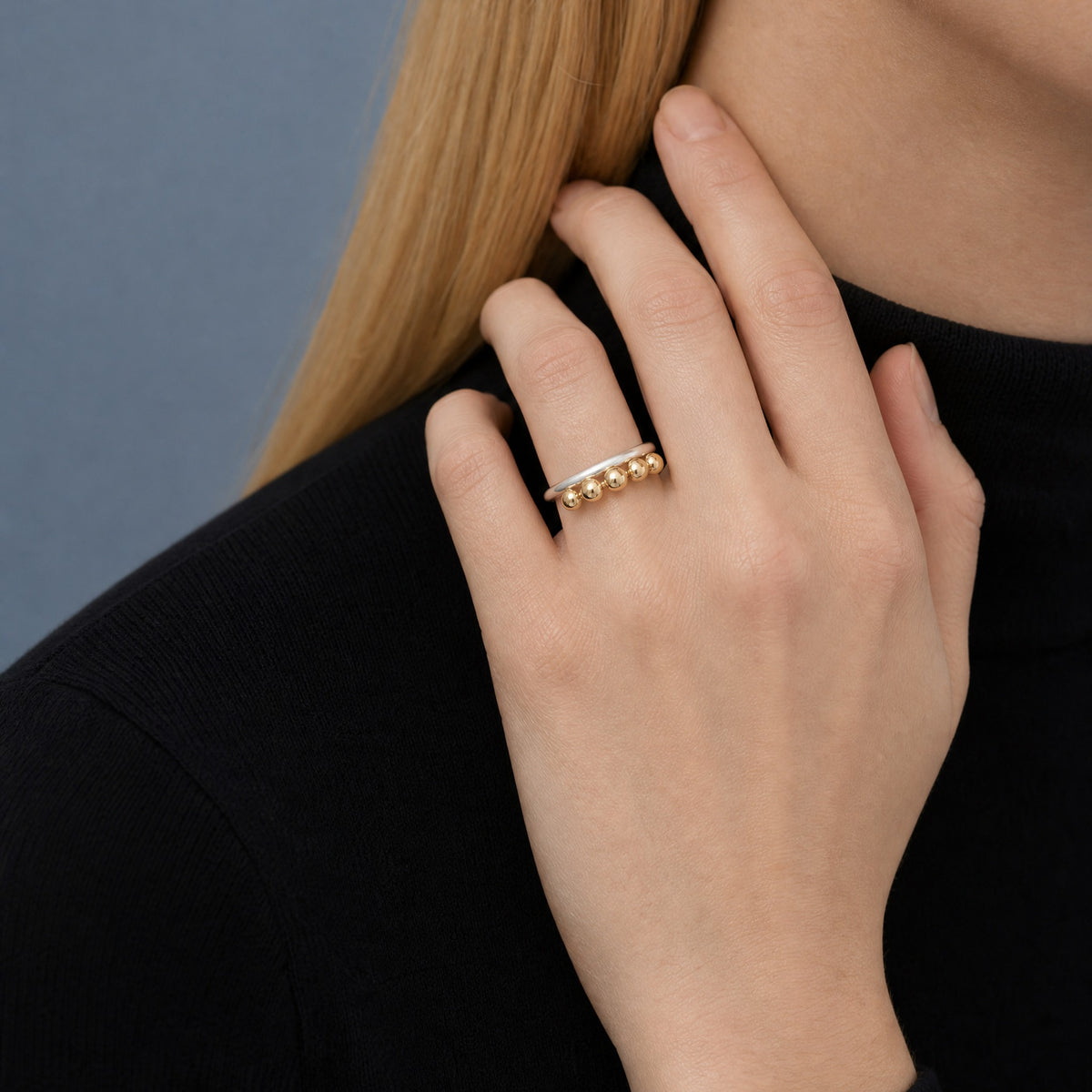 Multi Bubble Dot Circle Stacking Silver Ring close-up on hand – Golden Horn Jewellery