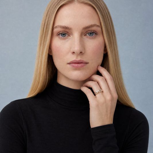 Multi Bubble Dot Circle Stacking Silver Ring worn on model – Golden Horn Jewellery