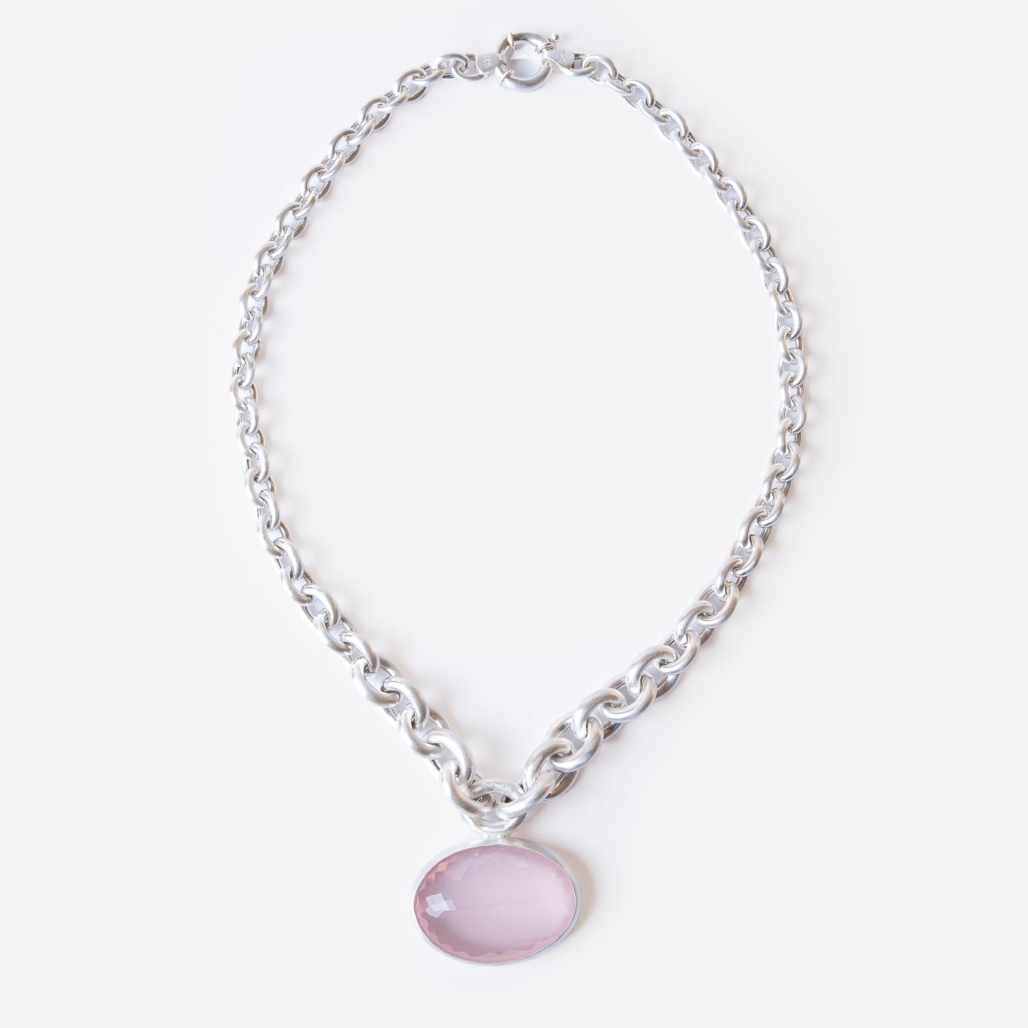 Pink Quartz Amulet Silver Chain Necklace-Golden Horn Jevellery