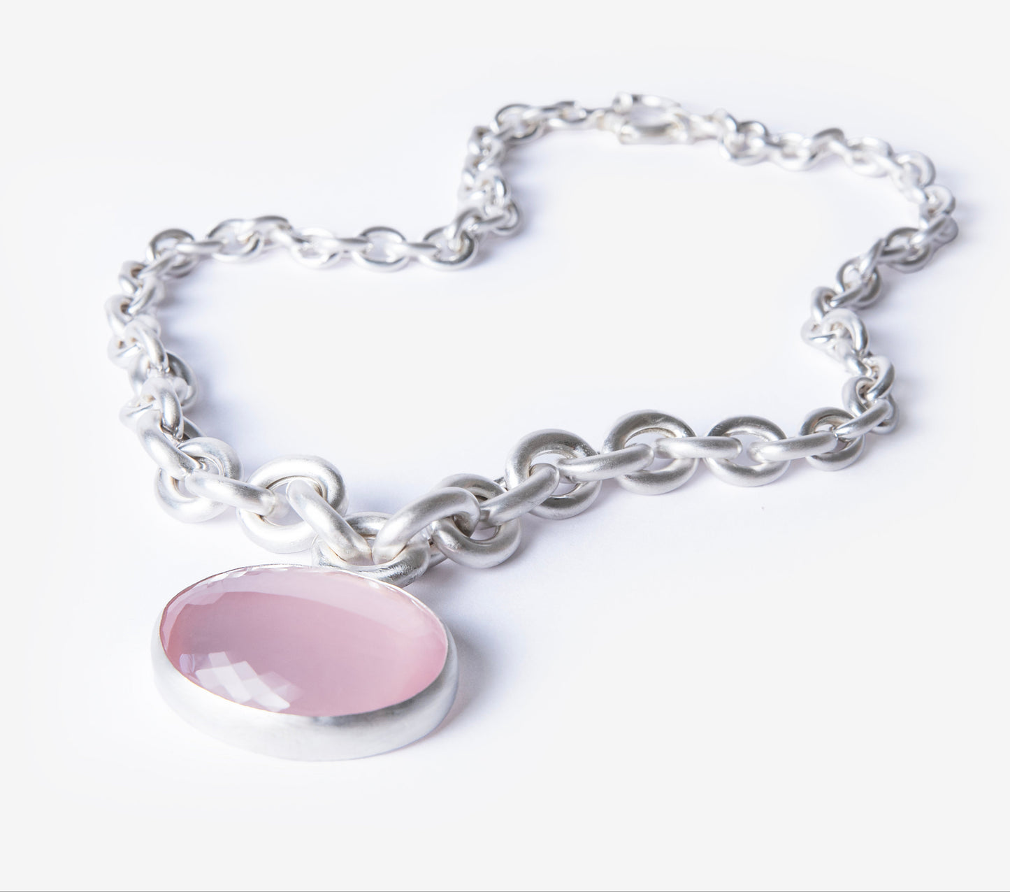 Pink Quartz Amulet Silver Chain Necklace-Golden Horn Jewellery