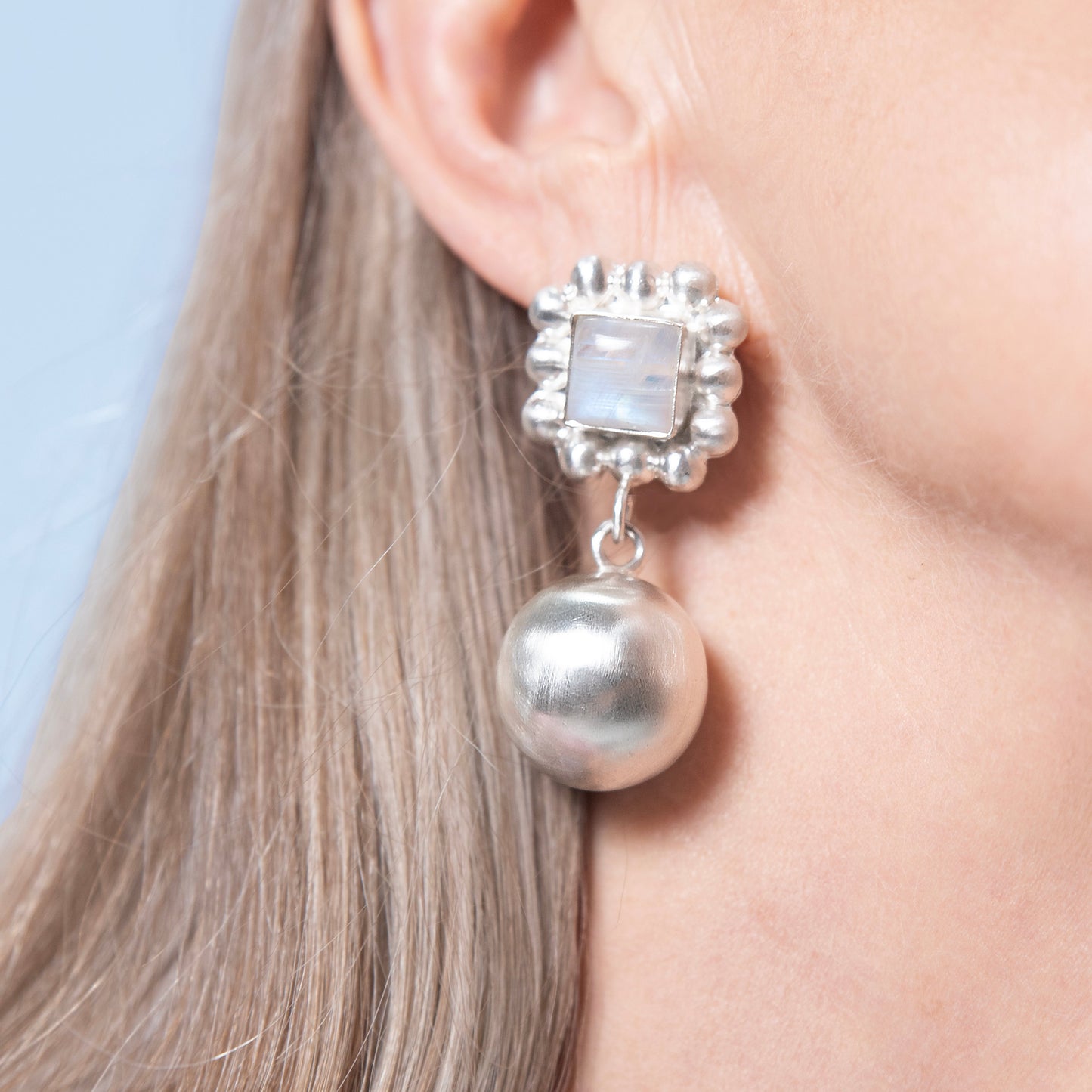 Soap And Bubble Moonstone Silver Earrings-Golden Horn Jewellery