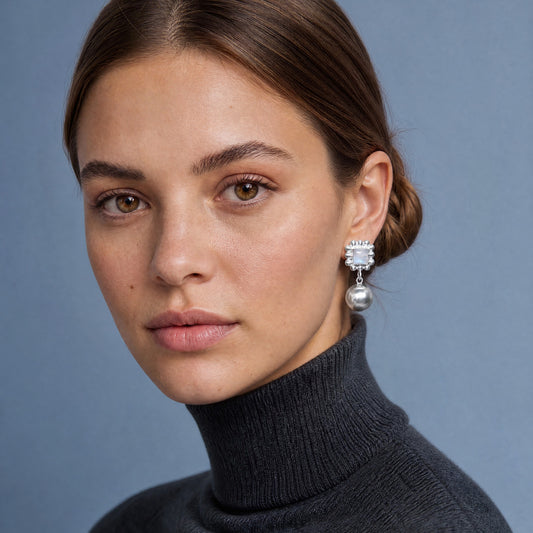 Soap And Bubble Moonstone Silver Earrings worn on model – Golden Horn Jewellery