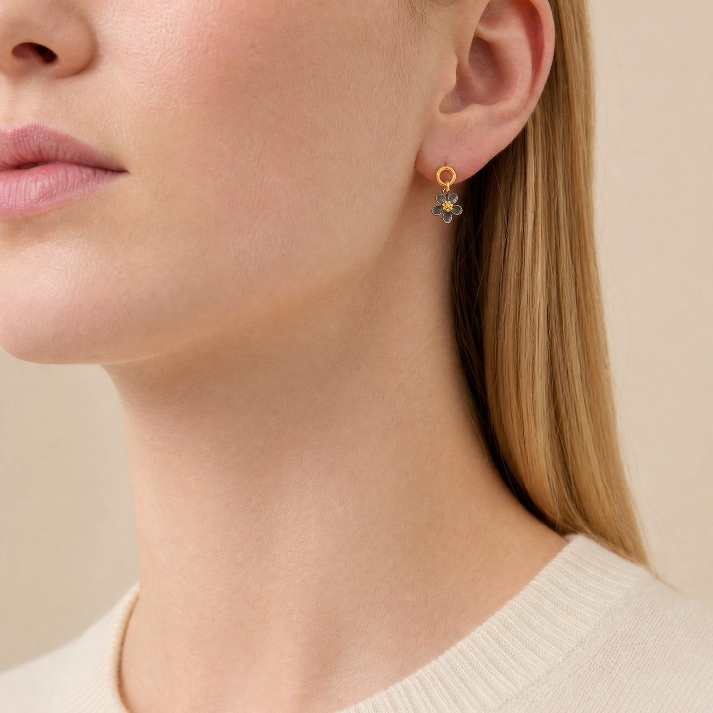 Spring Flower Circle Stud Earrings close-up on model, front – Golden Horn Jewellery
