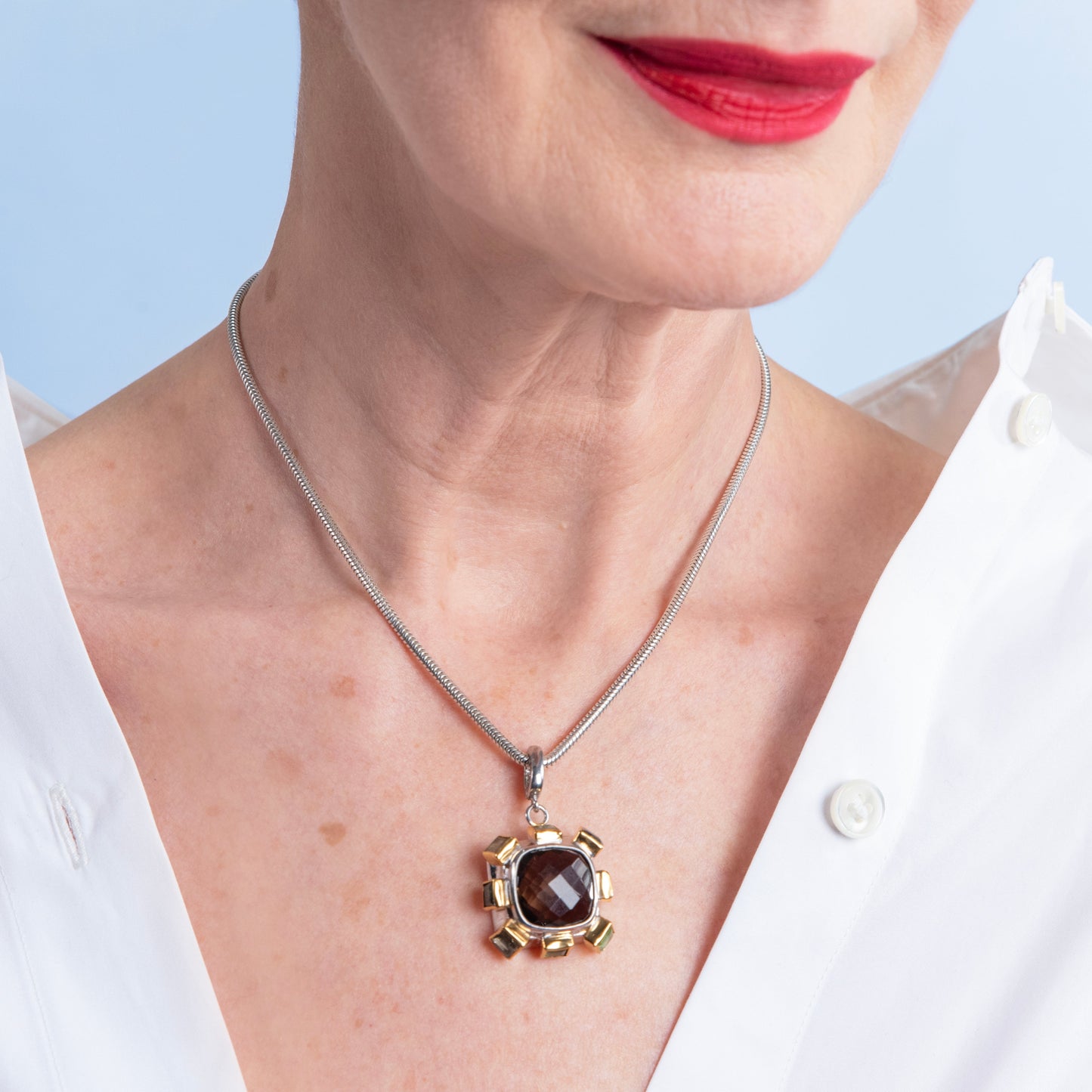 Square Gemstones Statement Silver Charm Pendant-Golden Horn Jewellery