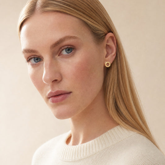 Timeless Circle Stud Earrings worn on model – Golden Horn Jewellery