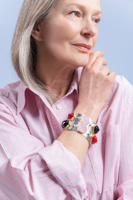Triple Pink Quartz Dome Silver Cuff Bracelet-Golden Horn Jewellery