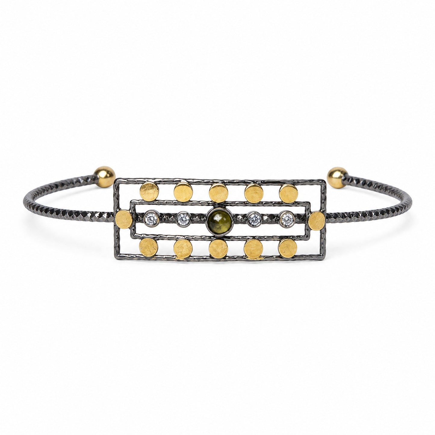 Ancient Queen Gemstone Bracelet seen from the front, openwork plate with gold discs and white zircons – handmade jewellery by Golden Horn