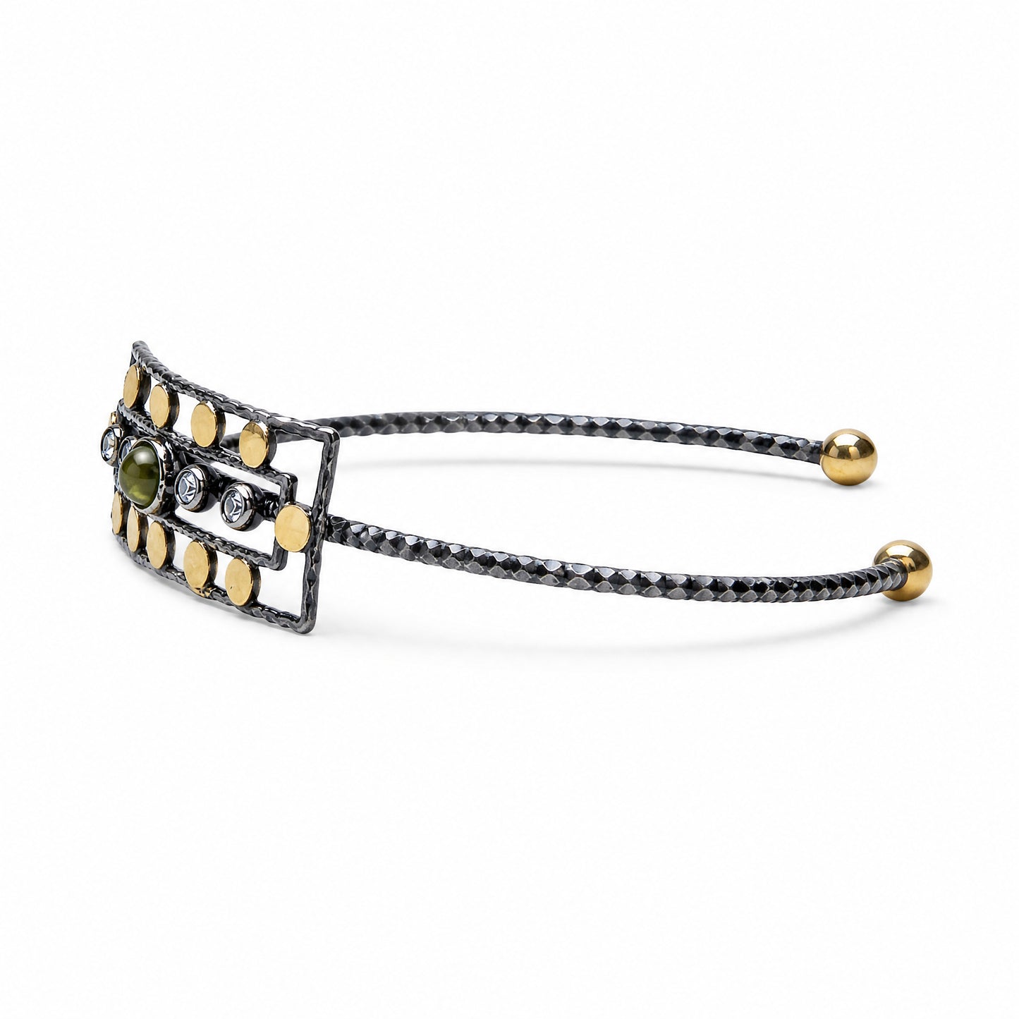 Ancient Queen Gemstone Bracelet side profile showing the slim faceted band and open cuff ends – handmade jewellery by Golden Horn