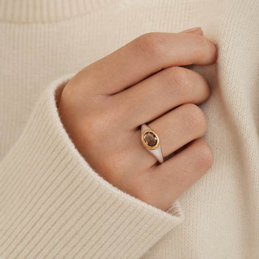 April Brown Diamond Birthstone Ring close-up on hand, brown diamond in gold bezel - Golden Horn Jewellery
