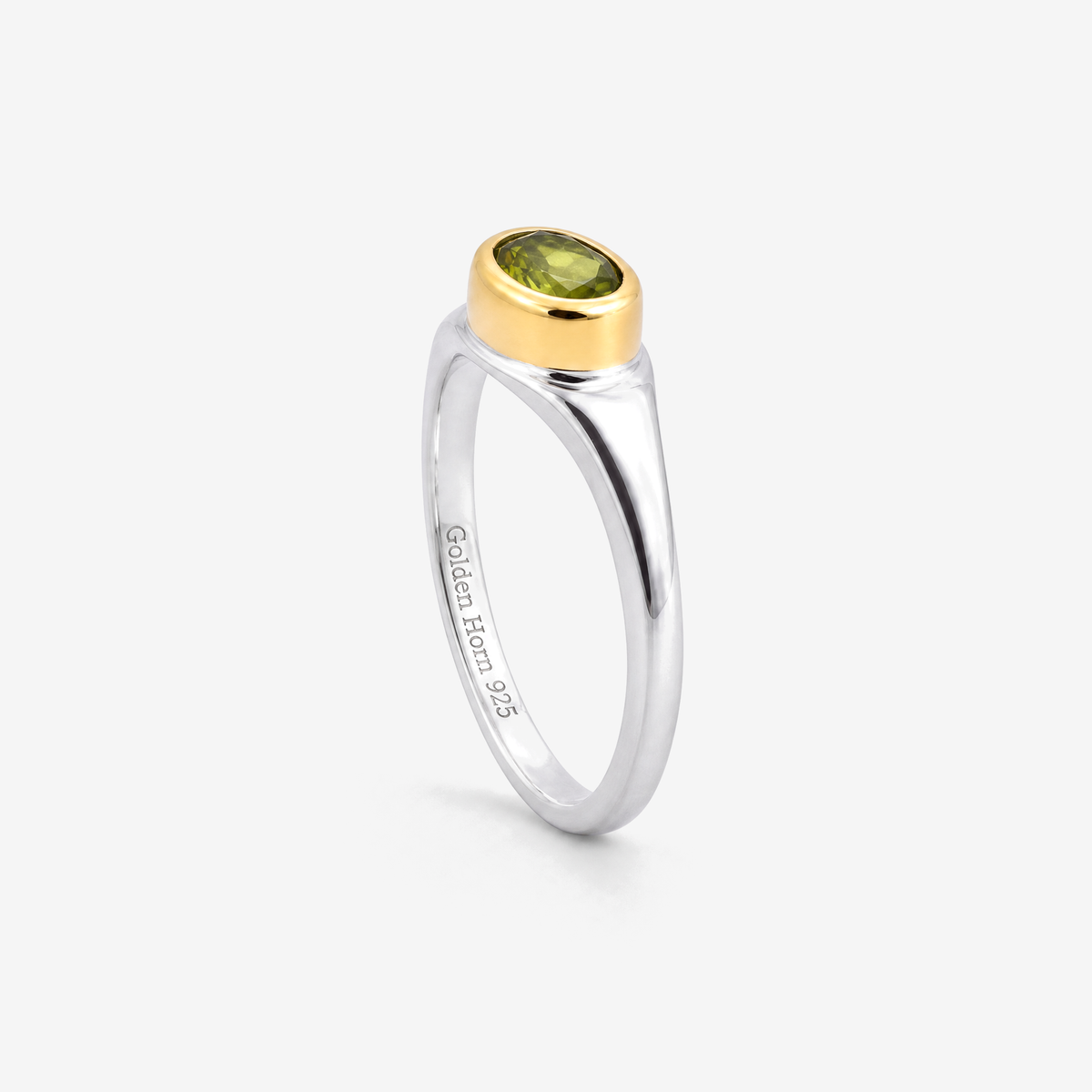 August Peridot Birthstone Ring, side profile showing bezel height and Golden Horn 925 hallmark