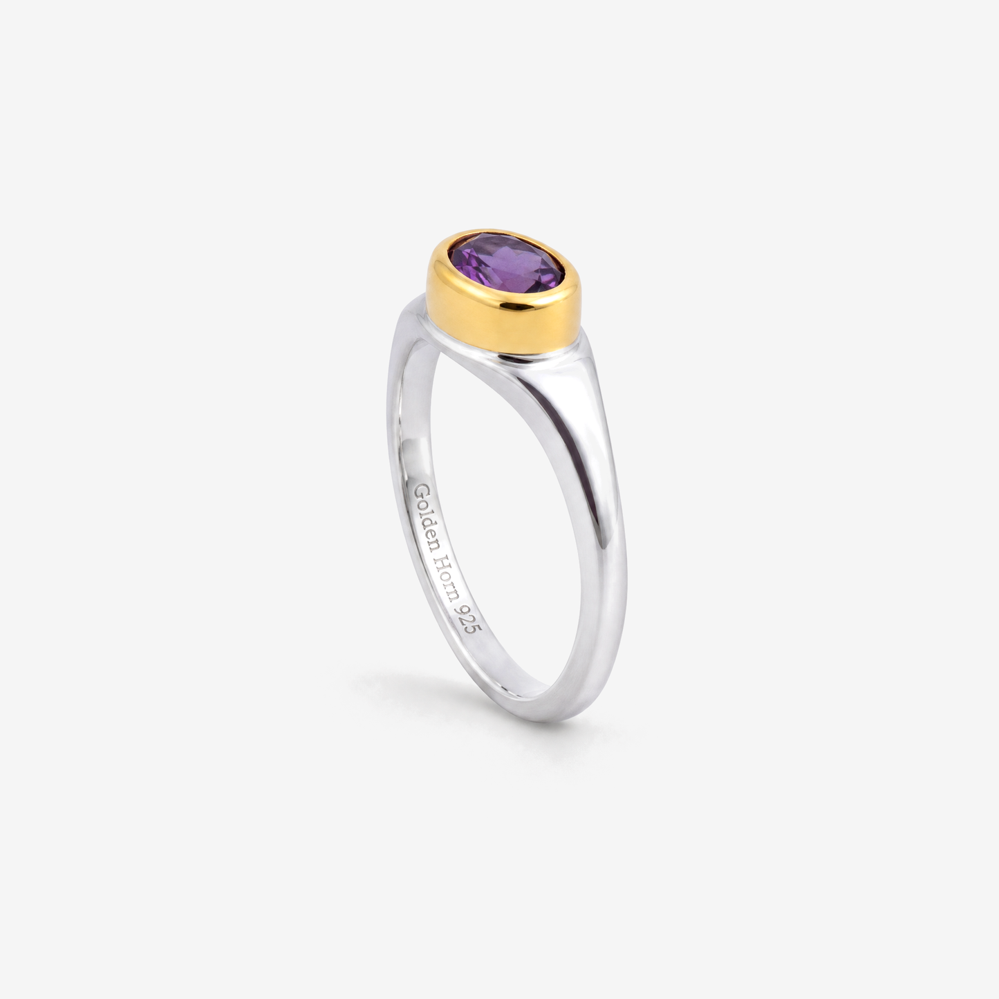 February Amethyst Birthstone Ring, side profile showing bezel height and Golden Horn 925 hallmark