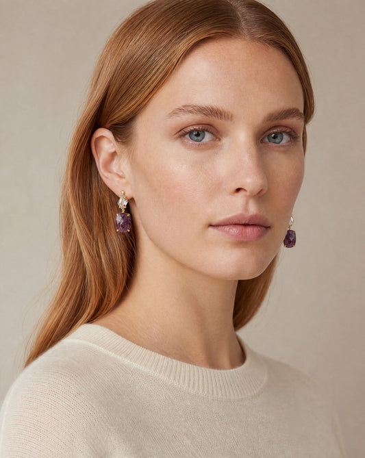Helen Antique Gemstone Earrings worn on model – zircon and raw sapphire drop earrings – Golden Horn Jewellery
