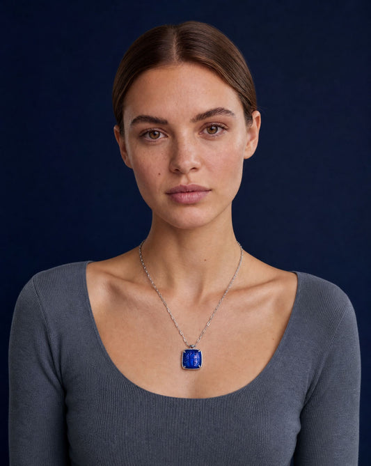 Medusa Blue Agate Silver Pendant Necklace worn – Golden Horn Jewellery