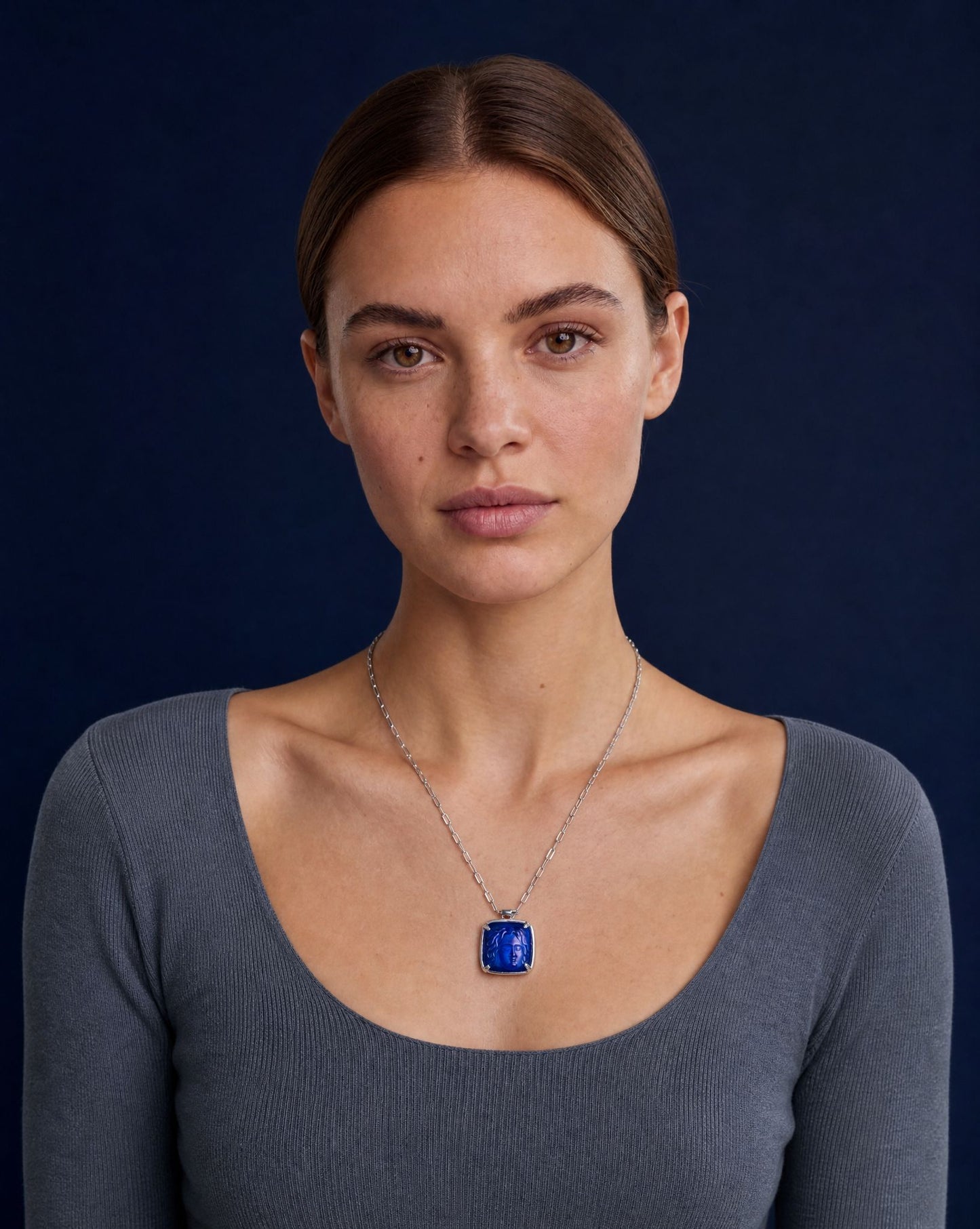 Medusa Blue Agate Silver Pendant Necklace worn – Golden Horn Jewellery