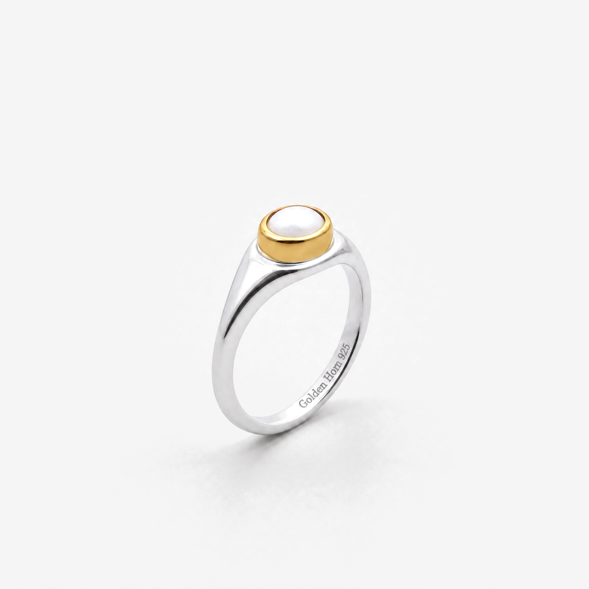 June Pearl Birthstone Ring in sterling silver with gold bezel, three-quarter view - Golden Horn Jewellery