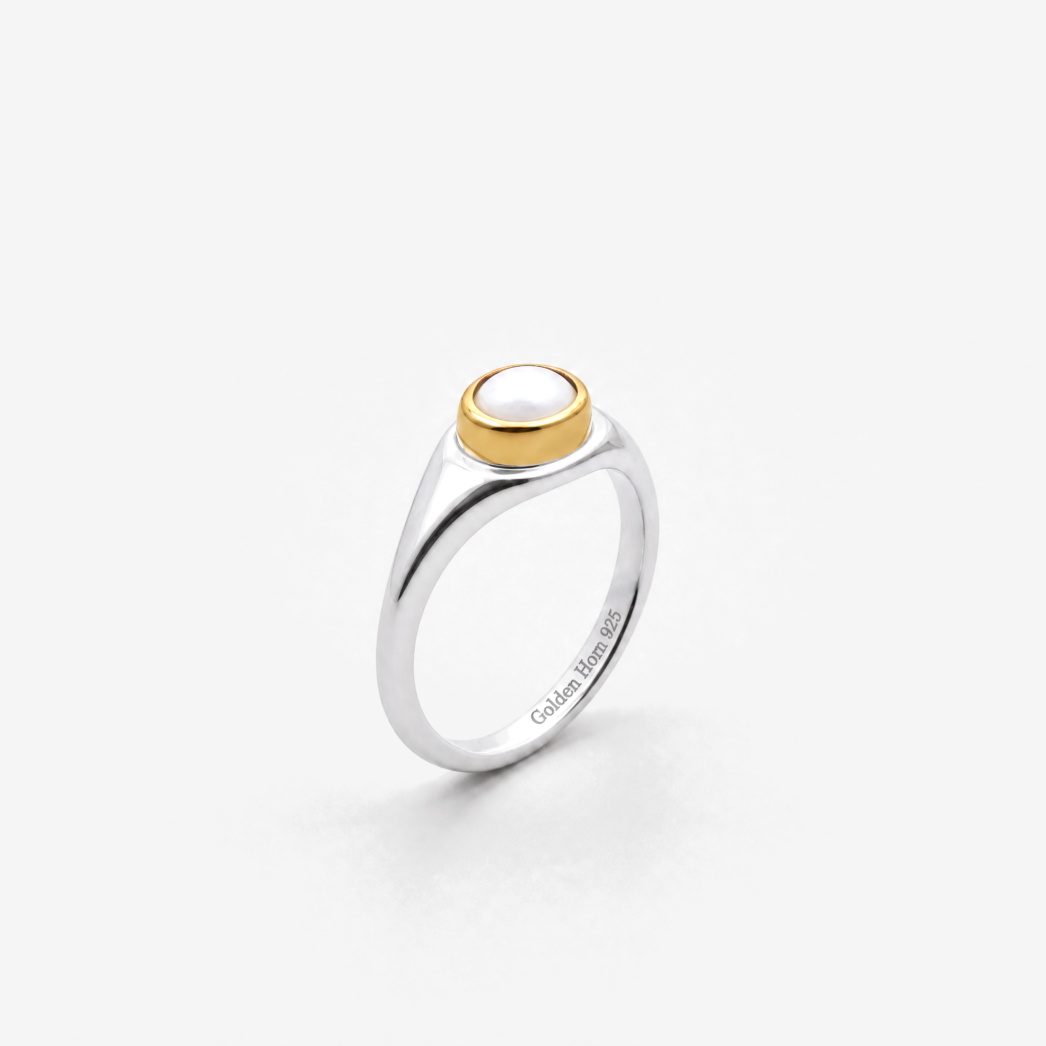 June Pearl Birthstone Ring in sterling silver with gold bezel, three-quarter view - Golden Horn Jewellery