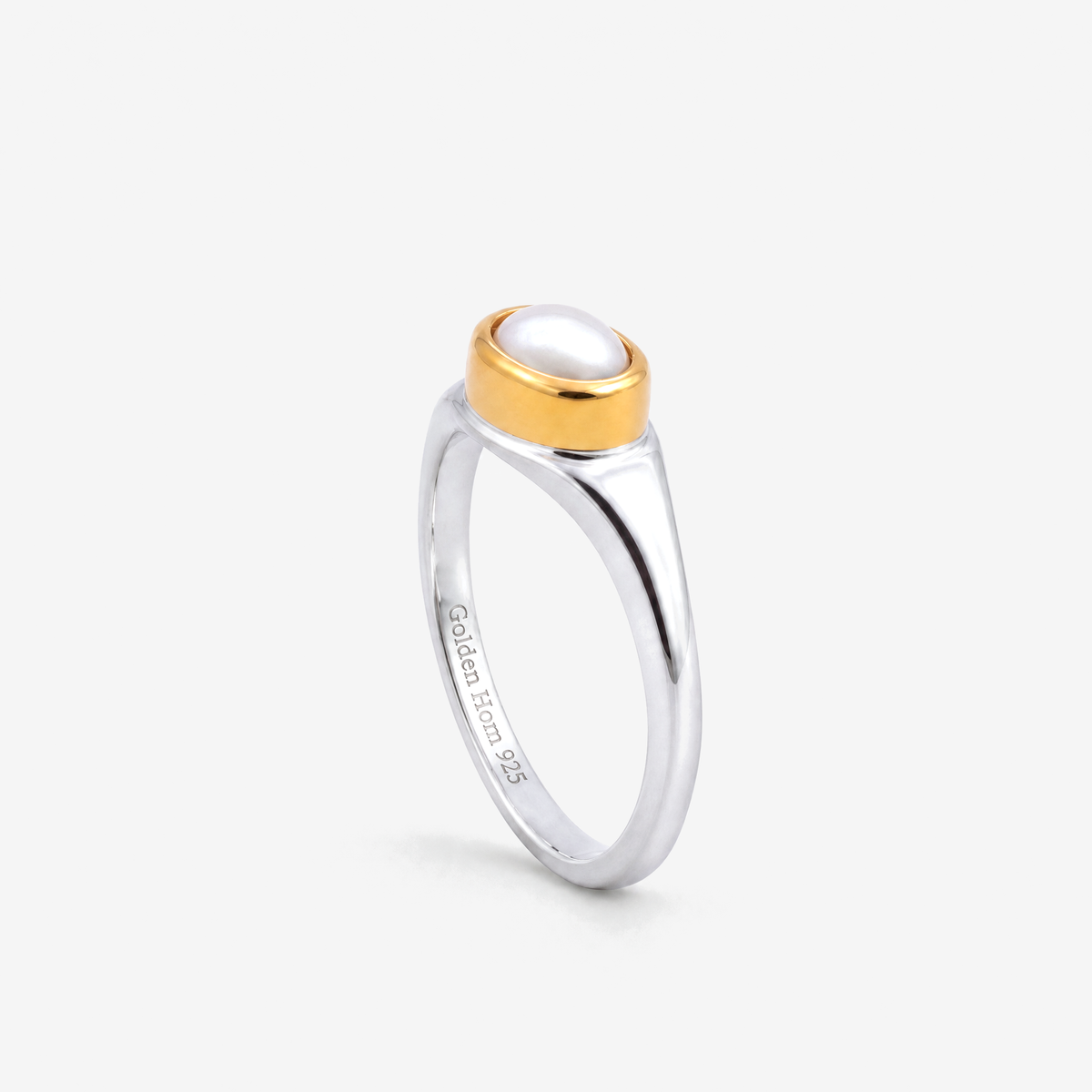 June Pearl Birthstone Ring, side profile showing bezel height and Golden Horn 925 hallmark