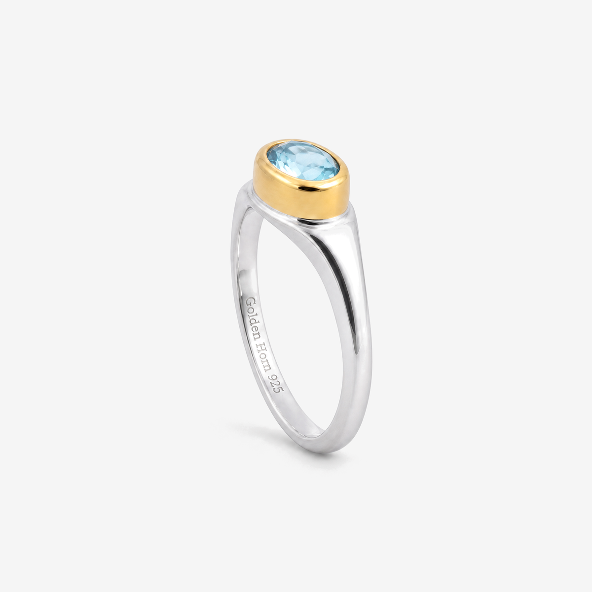 March Aquamarine Birthstone Ring, side profile showing bezel height and Golden Horn 925 hallmark
