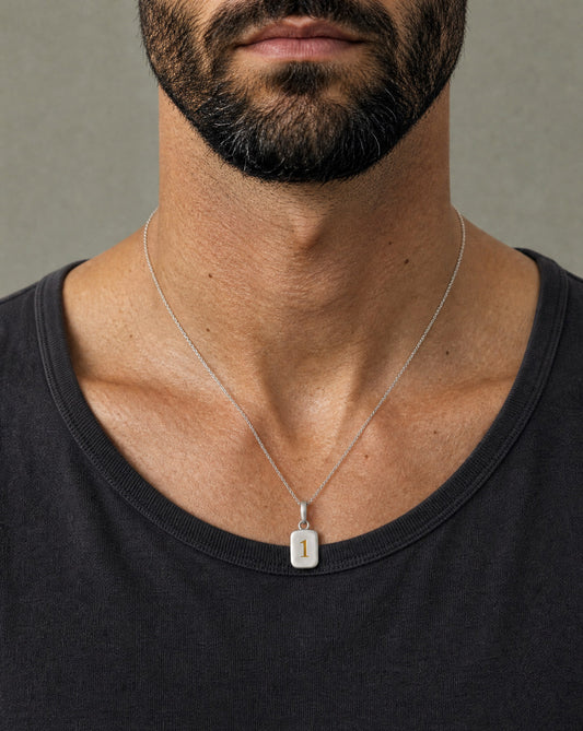 Number 1 Numerology Pendant worn, close-up – Golden Horn Jewellery