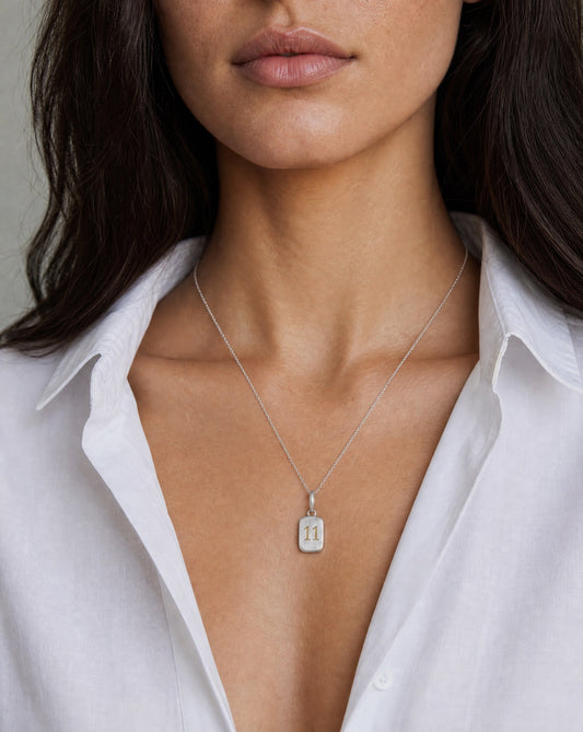 Number 11 Numerology Pendant worn, close-up – Golden Horn Jewellery
