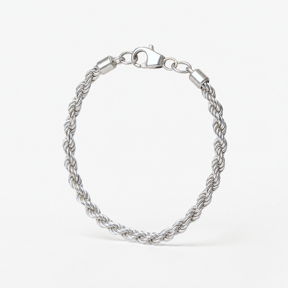 Silver Rope Chain Bracelet standing upright, showing the thick twisted rope links and lobster clasp – Golden Horn Jewellery