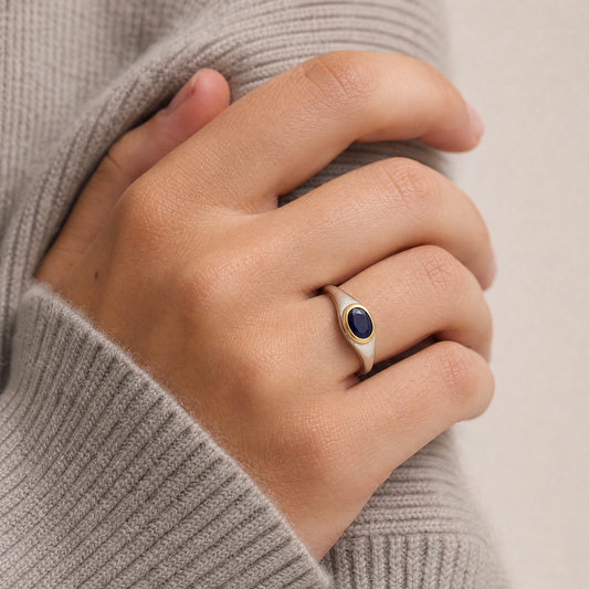 September Sapphire Birthstone Ring close-up on hand, sapphire in gold bezel - Golden Horn Jewellery