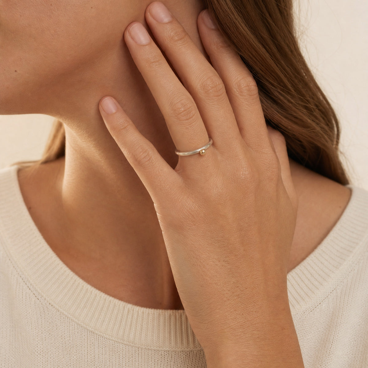 Golden Bubble Dot Circle Stacking Silver Ring close-up on hand – Golden Horn Jewellery