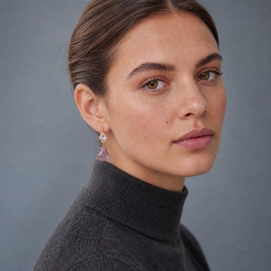 Helen Angel Trillion Cut Raw Sapphire Earrings worn on model – Golden Horn Jewellery
