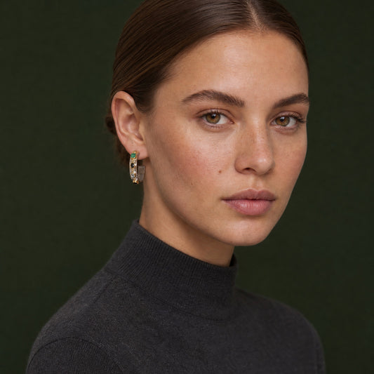 Helen Multistone Silver Hoop Earrings worn on model – Golden Horn Jewellery