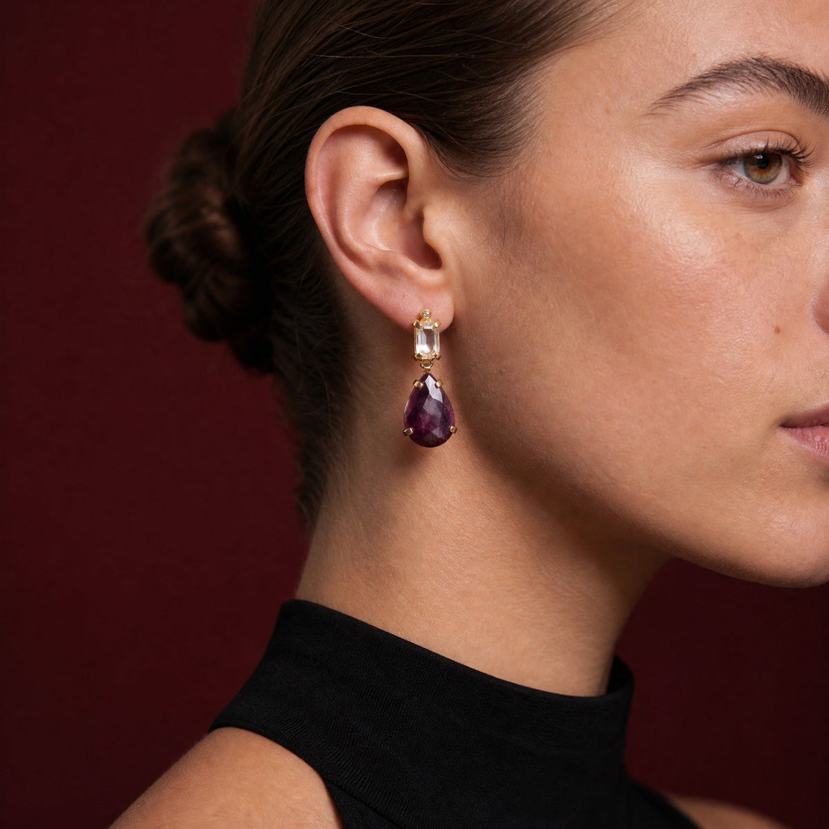 Helen Pink Pear Gemstone Earrings close-up on model, profile – Golden Horn Jewellery