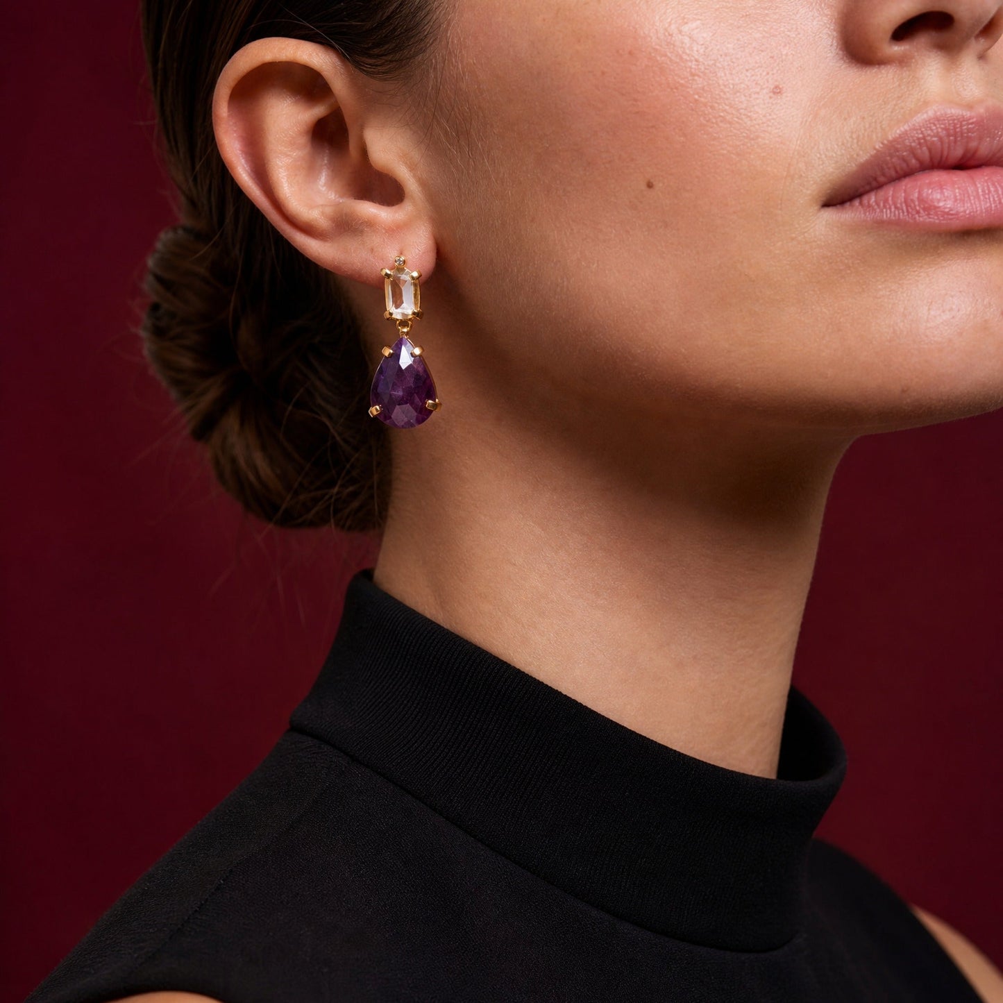 Helen Pink Pear Gemstone Earrings close-up on model, front – Golden Horn Jewellery