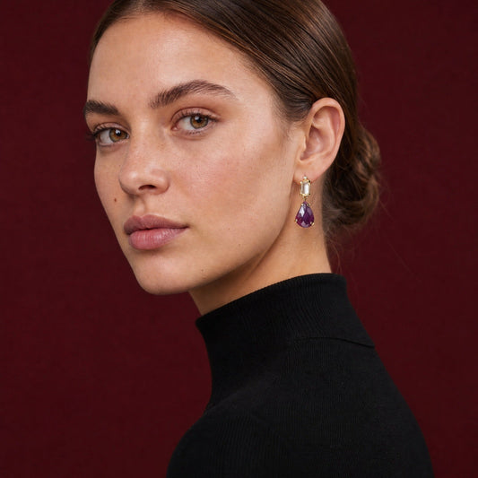 Helen Pink Pear Gemstone Earrings worn on model – Golden Horn Jewellery