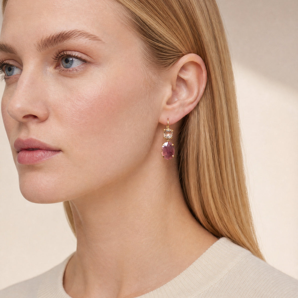 Helen Rose Bud Gemstone Earrings close-up on model, profile – Golden Horn Jewellery