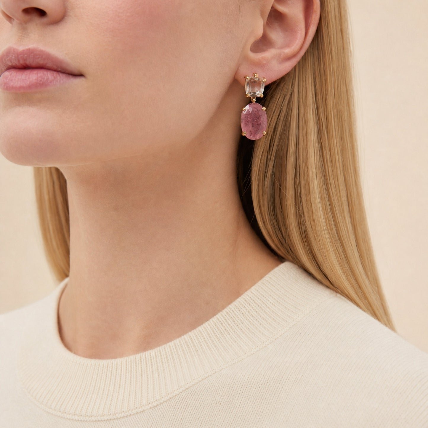 Helen Rose Bud Gemstone Earrings close-up on model, front – Golden Horn Jewellery