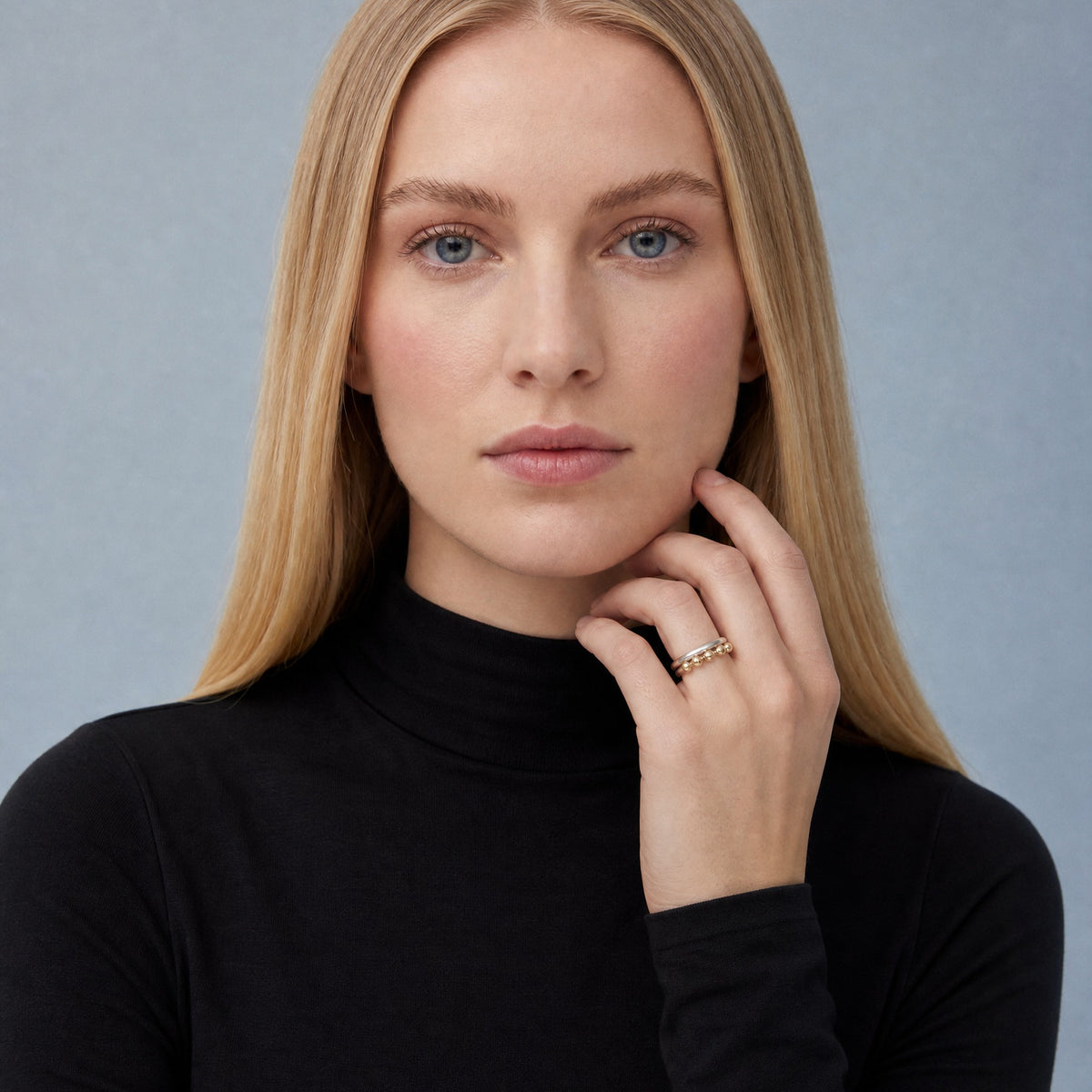 Multi Bubble Dot Circle Stacking Silver Ring worn on model – Golden Horn Jewellery