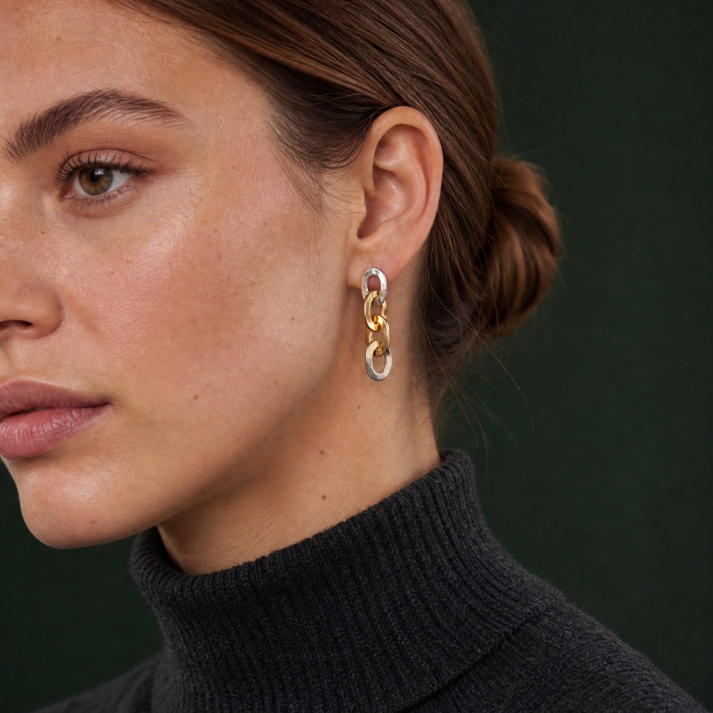 Sister and Brother Drop Earrings close-up on model – Golden Horn Jewellery